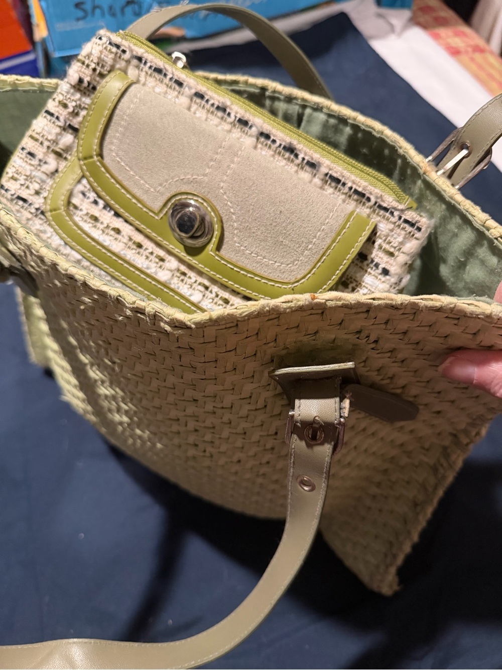 Chateau Straw Shoulder Tote with Wallet Light Green Trim